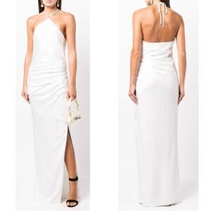 JONATHAN SIMKHAI Hansel Classic Woven Halterneck White Satin Maxi Gown Sz 6